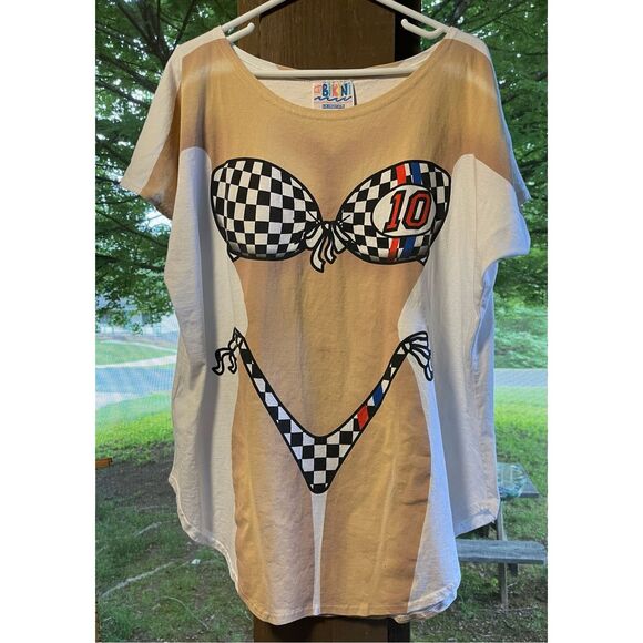 Vintage Fantasy NASCAR Race Checkered Bikini Cover Up #10 Oversize Tshirt OSFM - Picture 1 of 9